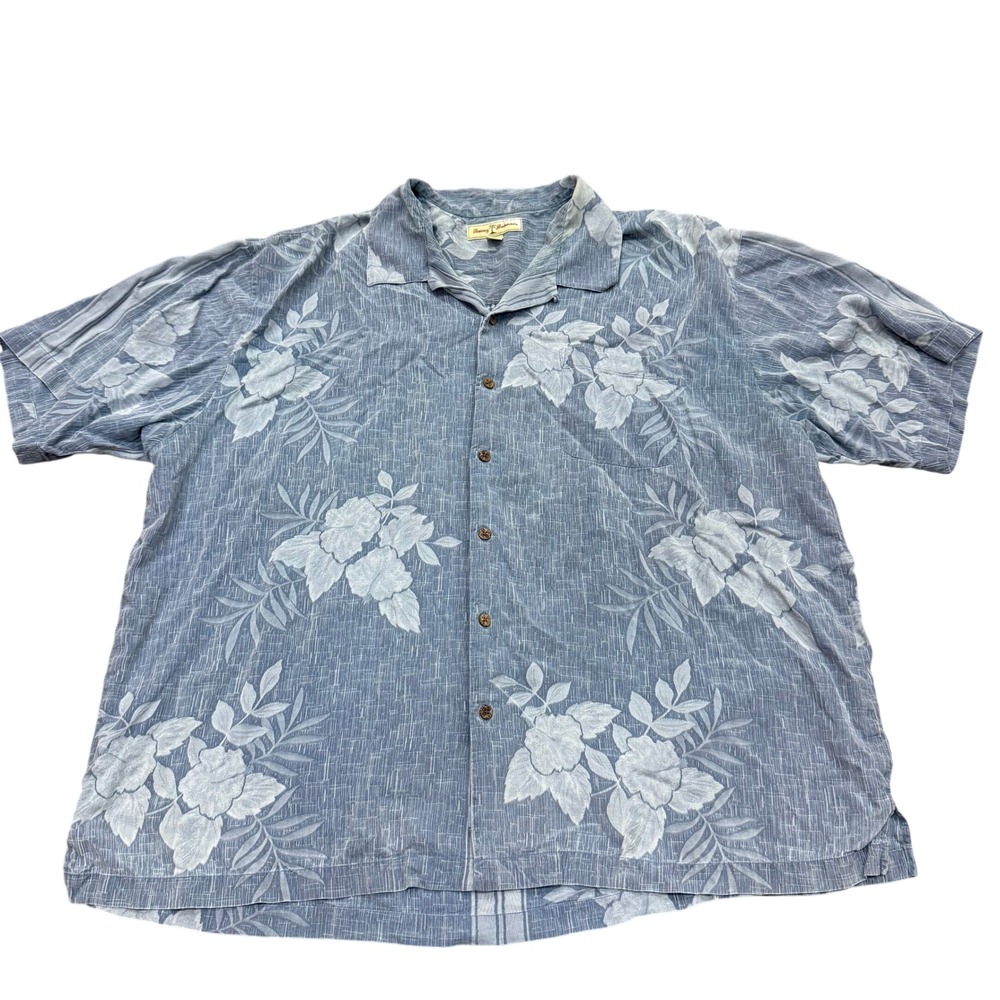 Tommy Bahama Mens 90s XXL Blue Silk Floral Short Sleeve Camp Button Down Shirt